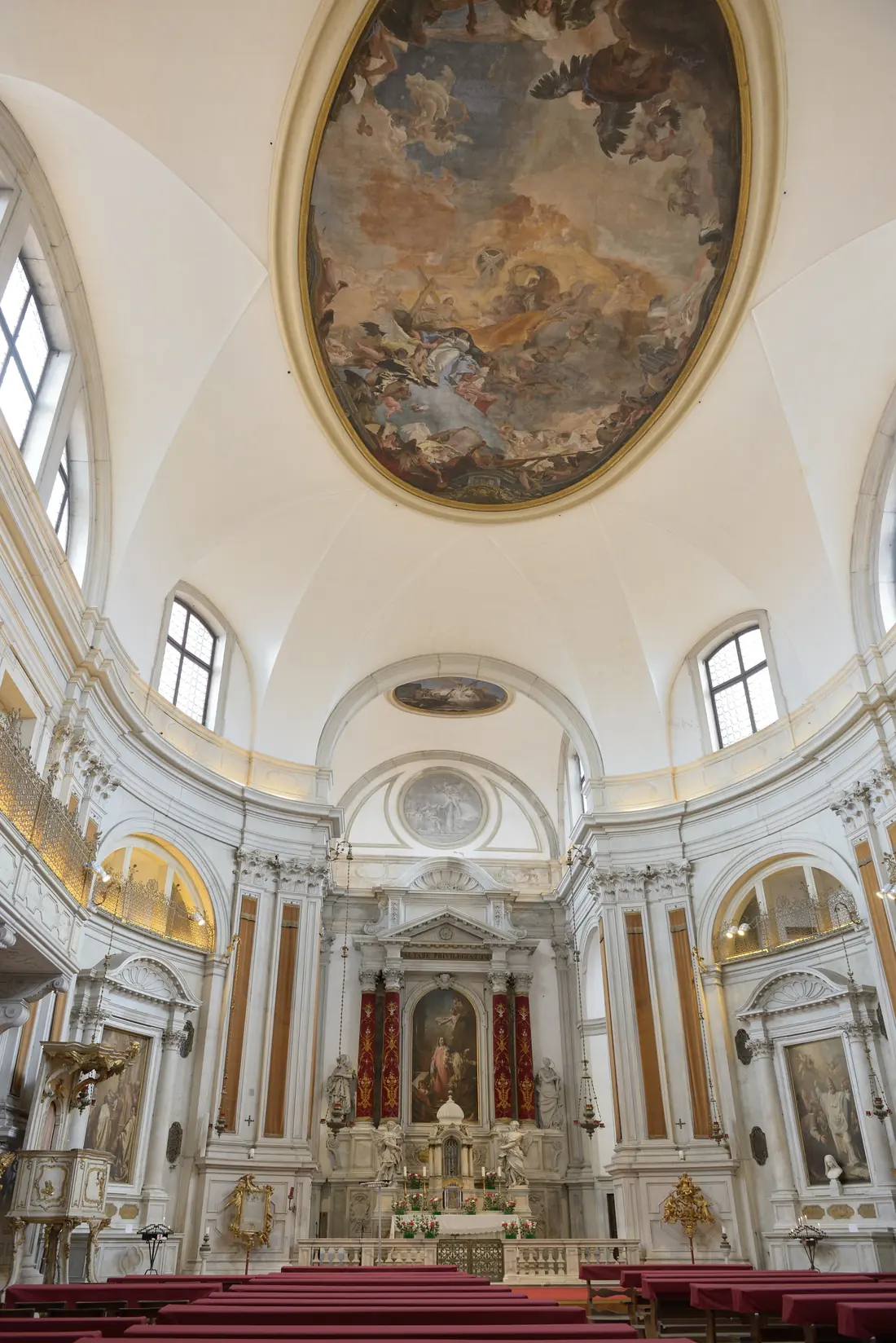 The oval baroque interior of the Church of the Pietà in Venice