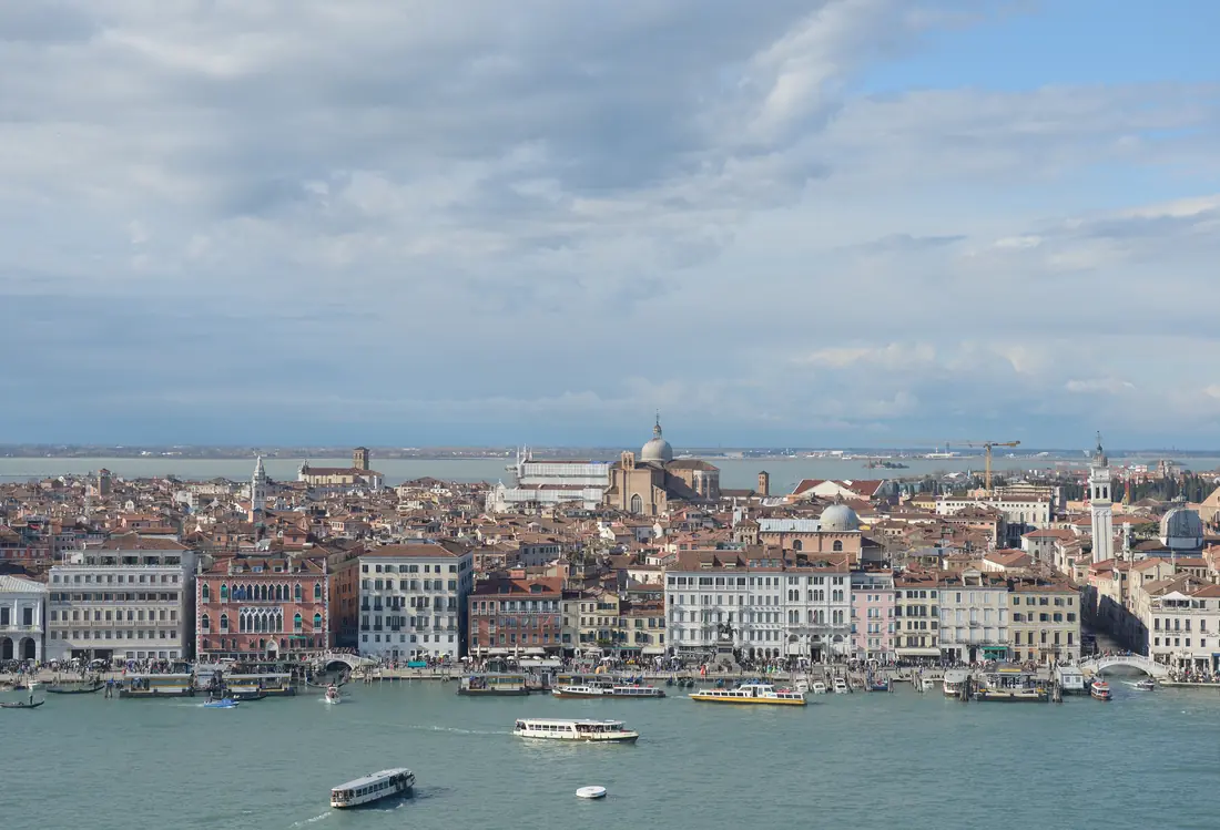 The Riva degli Schiavoni waterfront promenade in Venice with boats on the lagoon